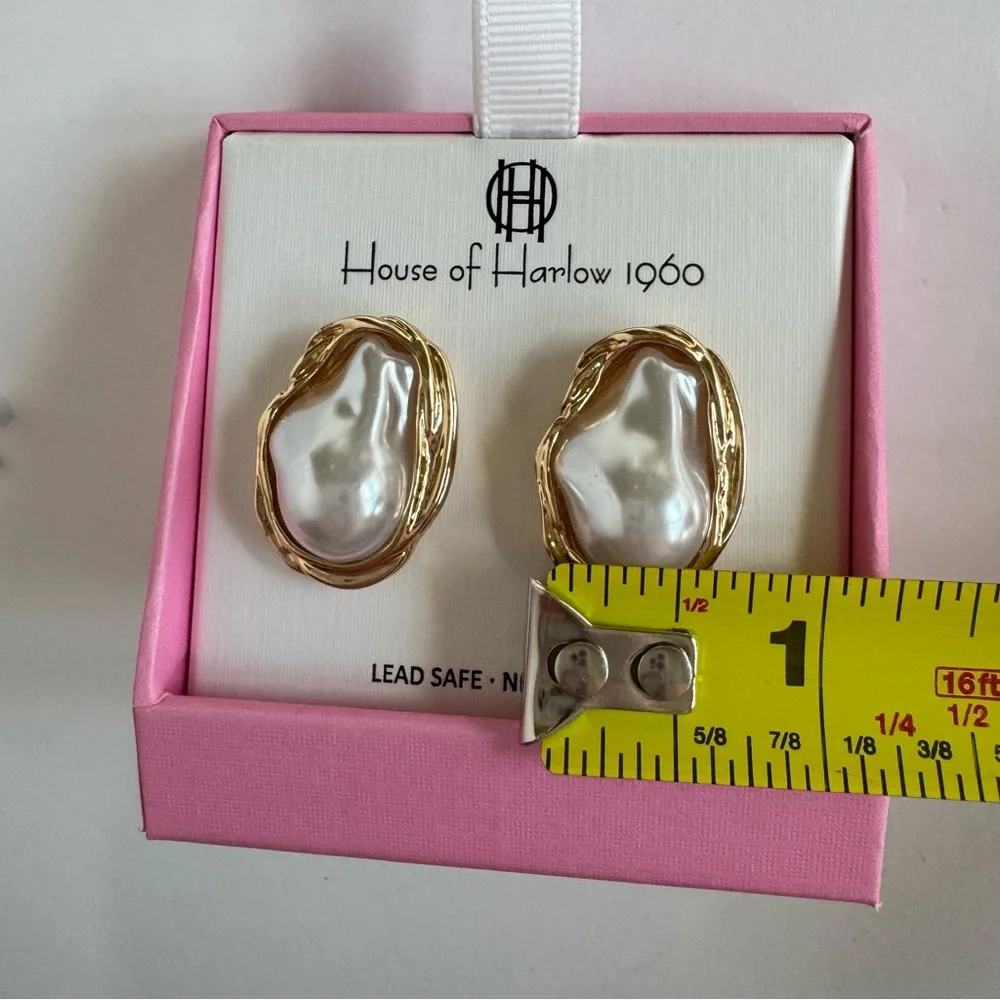 House of Harlow 1960 Faux Baroque Pearl Gold Tone Statement Stud Earrings NIB